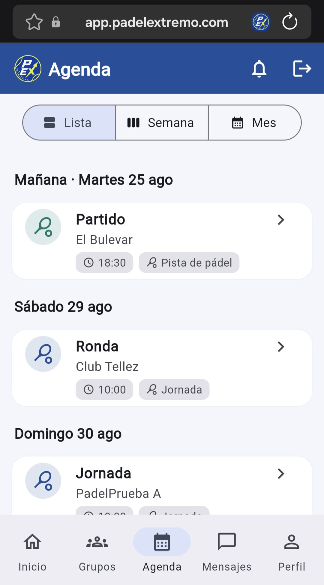 Agenda de partidos de Padelextremo