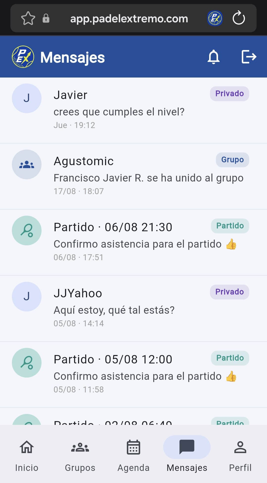 Mensajería entre jugadores de Padelextremo